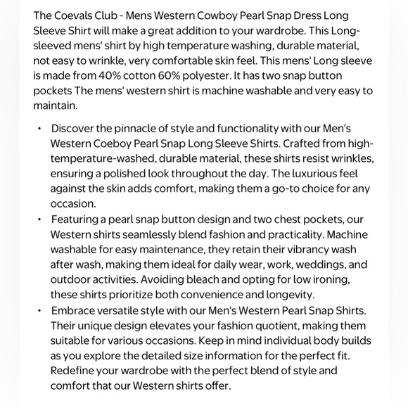 Coevals Club Mens Western Cowboy Pearl Snap Dress Long Sleeve Shirt - Picture 16 of 16